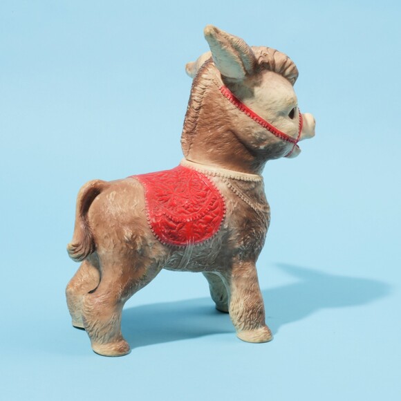Vintage large squeak toy doll Sun Rubber Co donkey red saddle swivel head 60s - Picture 3 of 10